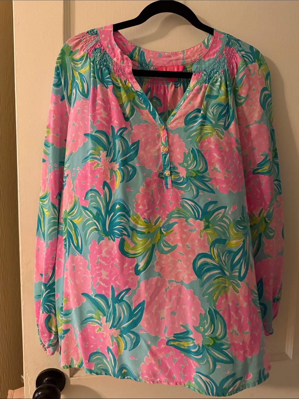 Lilly Pulitzer Elsa Pink & Aqua Floral Peasant Blouse